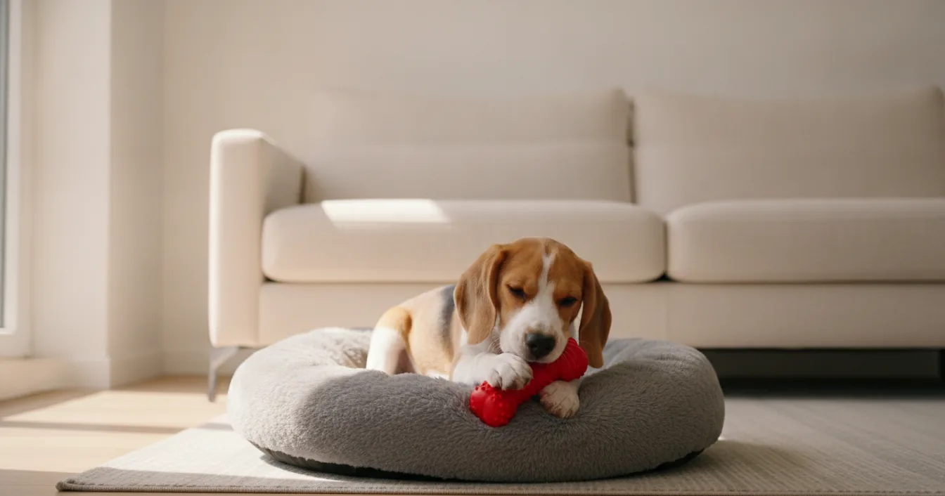 A beagle puppy lying alone on a round grey dog bed in a quiet living room, chewing a red rubber toy in front of an empty sofa.