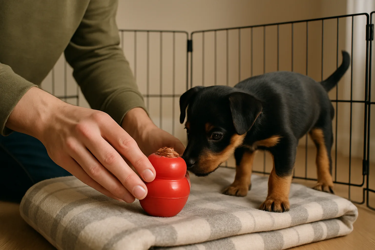 A hand setting a red food-stuffed rubber chew toy down on a folded blanket inside an open wire playpen while a black and tan puppy leans in to sniff it