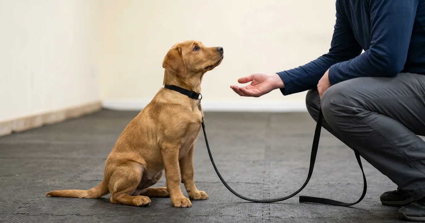 Labrador puppy sitting and looking up at an open hand