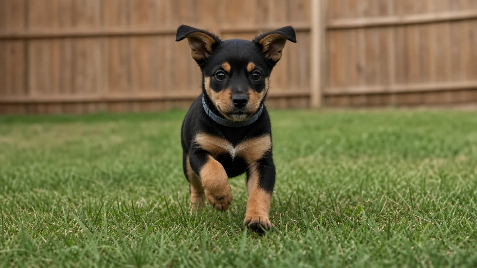 Black and tan puppy running across a grass yard