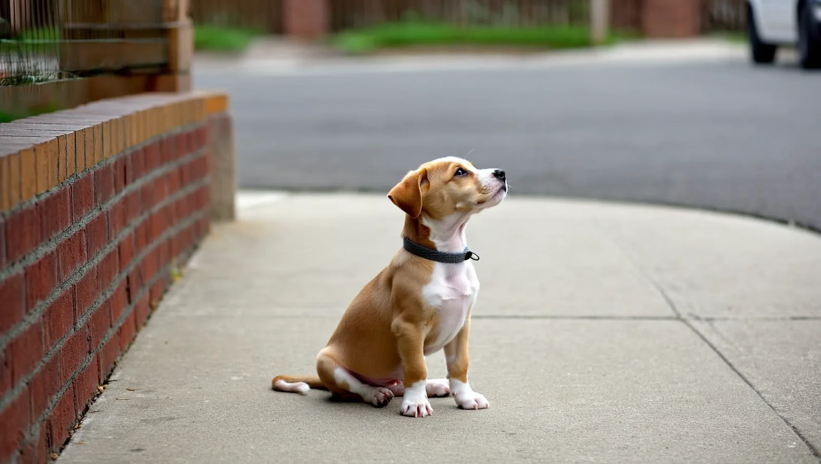 Tan and white puppy sitting on a sidewalk