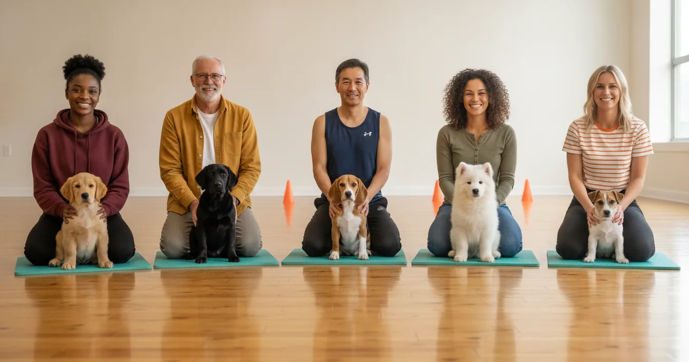 A small group of puppies and their owners working on training cues in a bright indoor class.