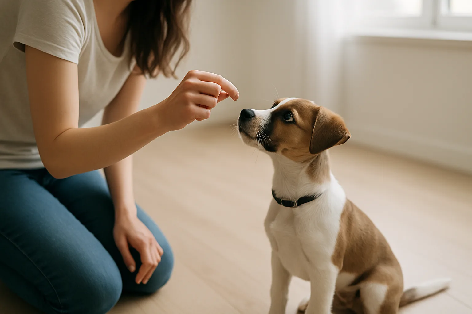 An owner rewarding a young puppy with a treat during a positive-reinforcement training session.