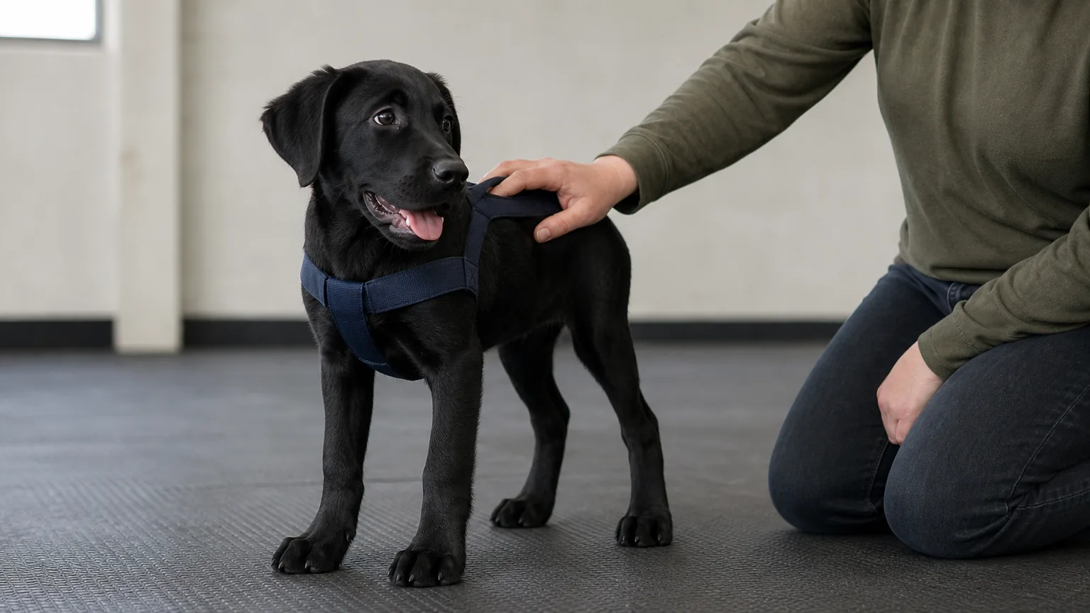 Handler's hand on a black Lab puppy's harness