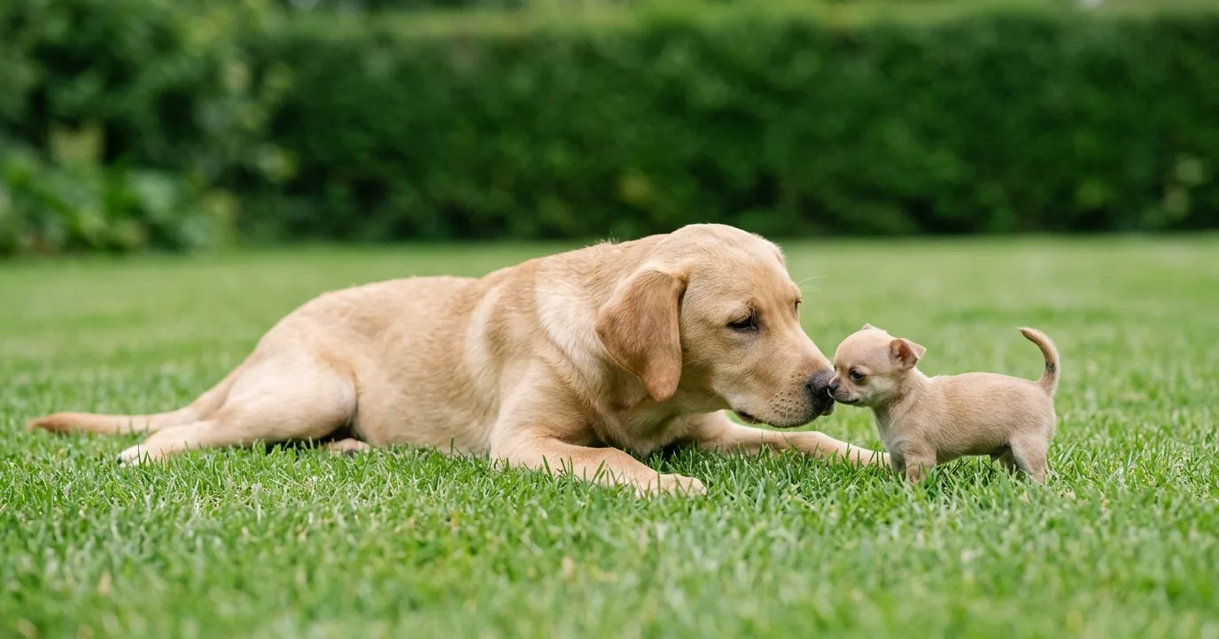 Yellow Labrador nose to nose with a Chihuahua puppy