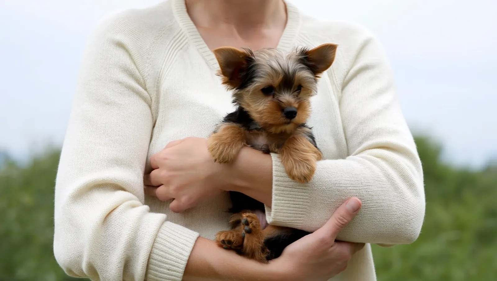 Person holding a Yorkshire terrier puppy