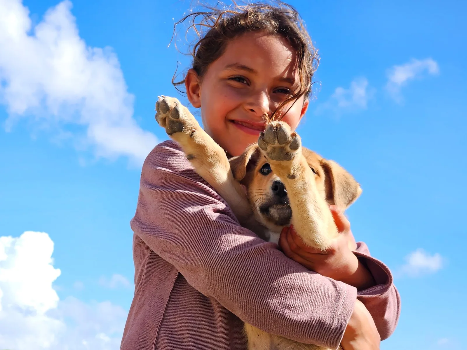 A smiling child holds a cute puppy outdoors under a bright blue sky, conveying joy and companionship.