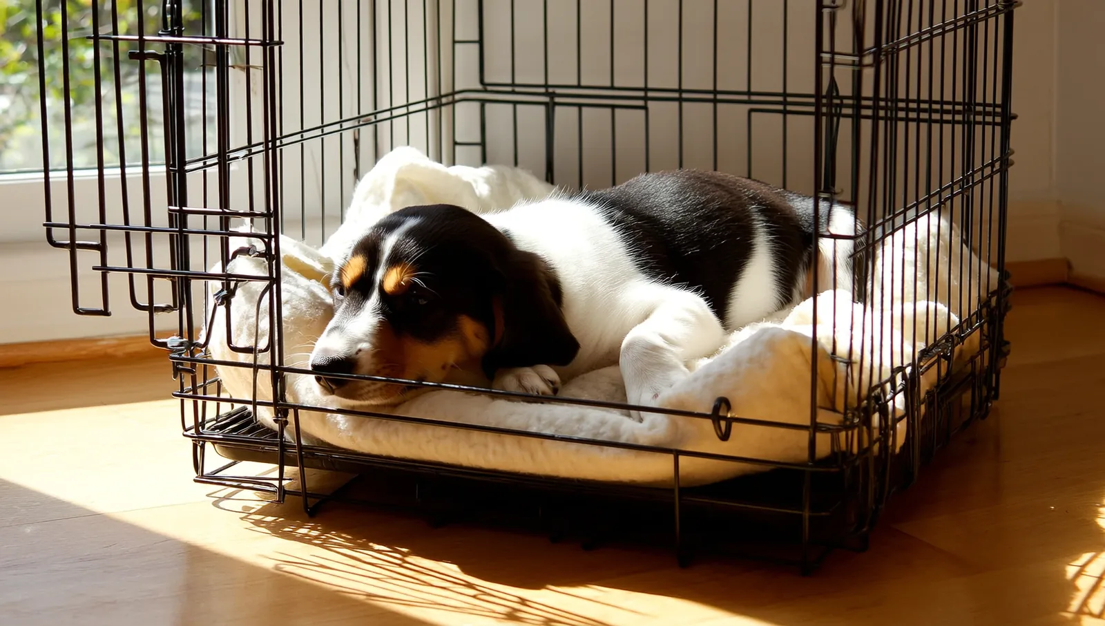 A small puppy resting peacefully on a soft blanket inside an open wire crate in a sunlit living room