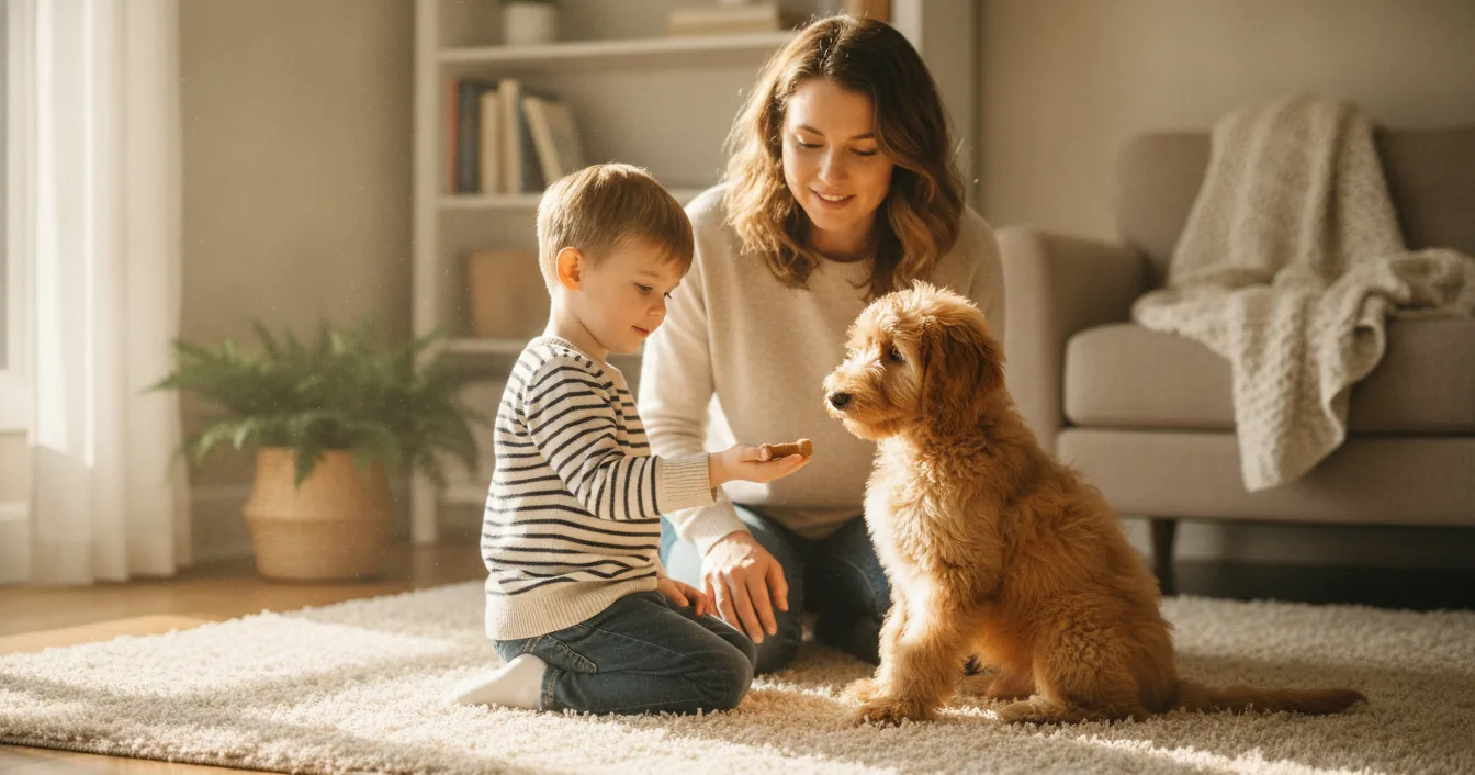 A young child kneeling calmly on the floor offering a treat to a small puppy while a parent supervises close by.