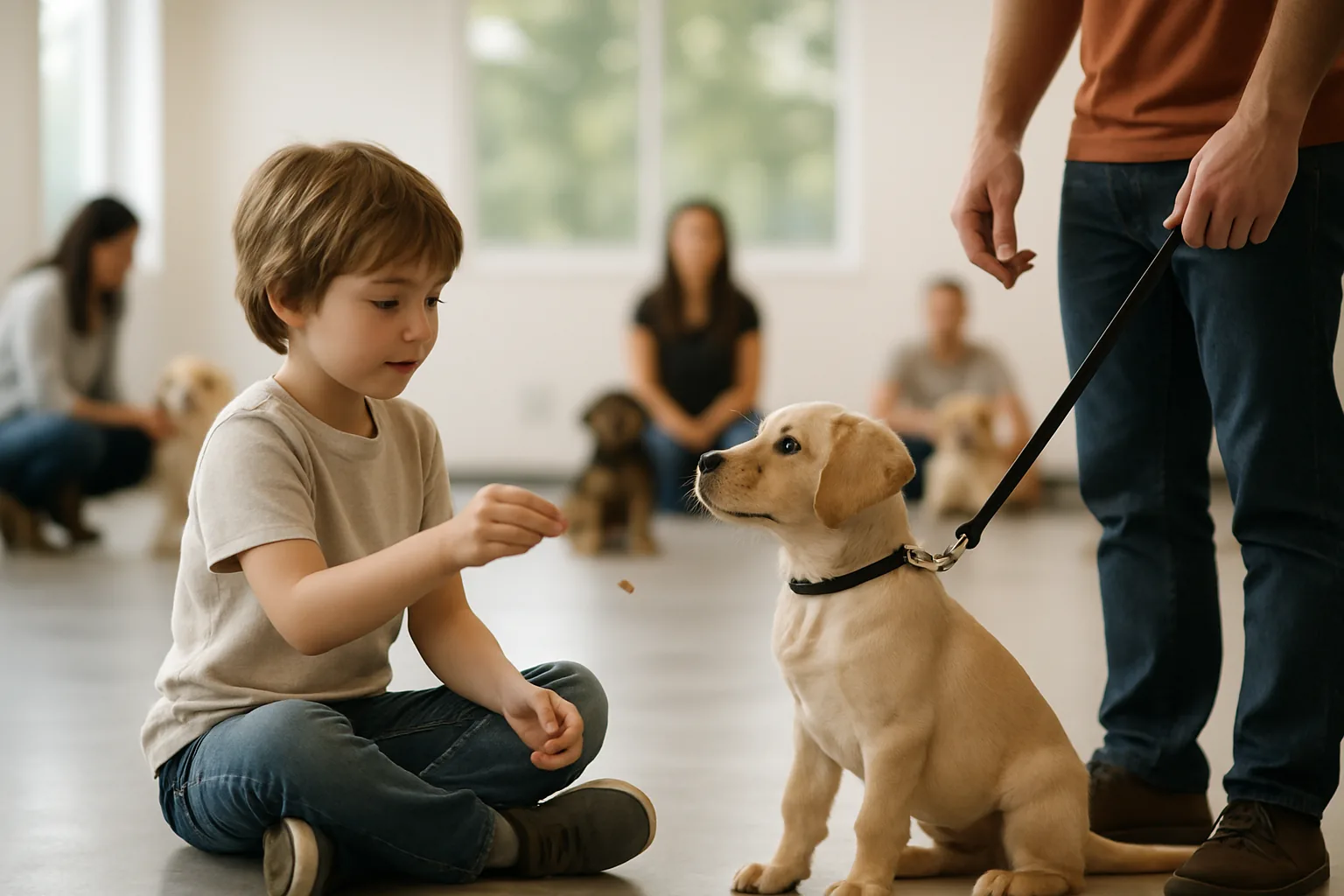 A child sitting cross-legged on the floor of a bright puppy training class tossing a treat to an attentive puppy while an adult holds the leash