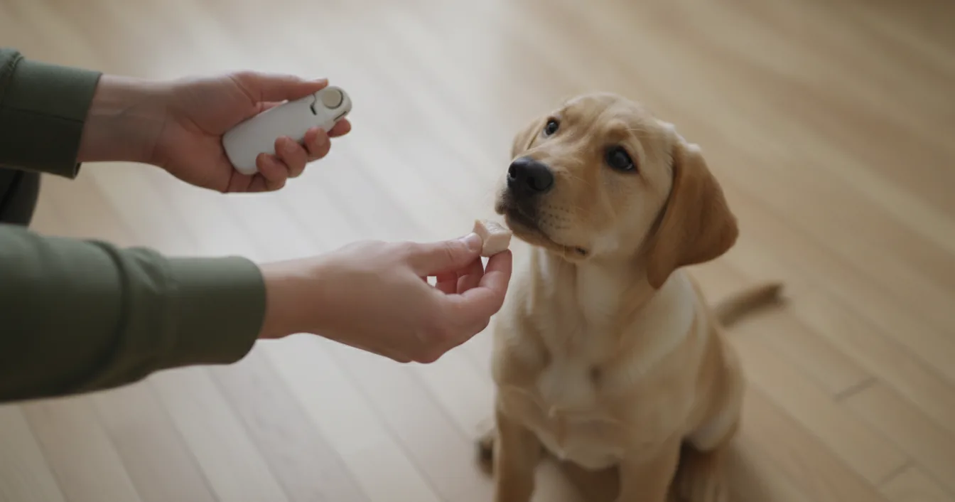 An overhead view of a person's hands over a pale wooden floor, one holding a small white box clicker and the other offering a treat down to a fawn Labrador puppy sitting and looking up.
