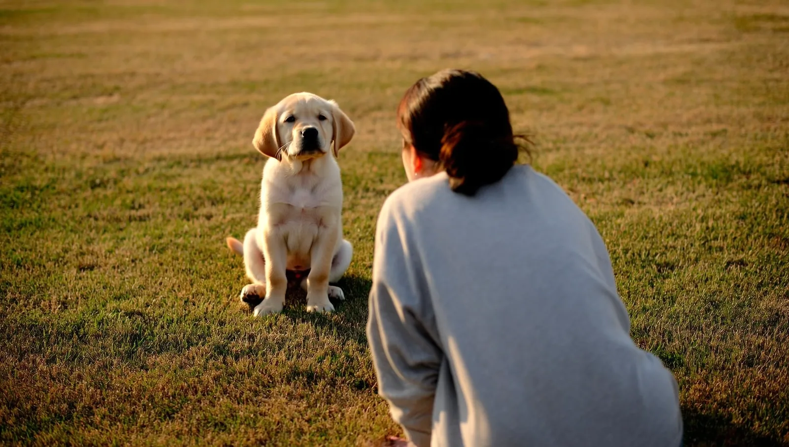 Seen from behind, a woman in a plain grey sweatshirt kneeling on a sunlit lawn facing a cream Labrador puppy that sits attentively on the grass in front of her