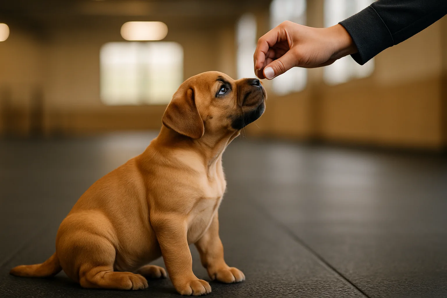 A fawn puppy sitting on dark rubber matting in a training hall, looking up as a hand offers a small treat just above its nose