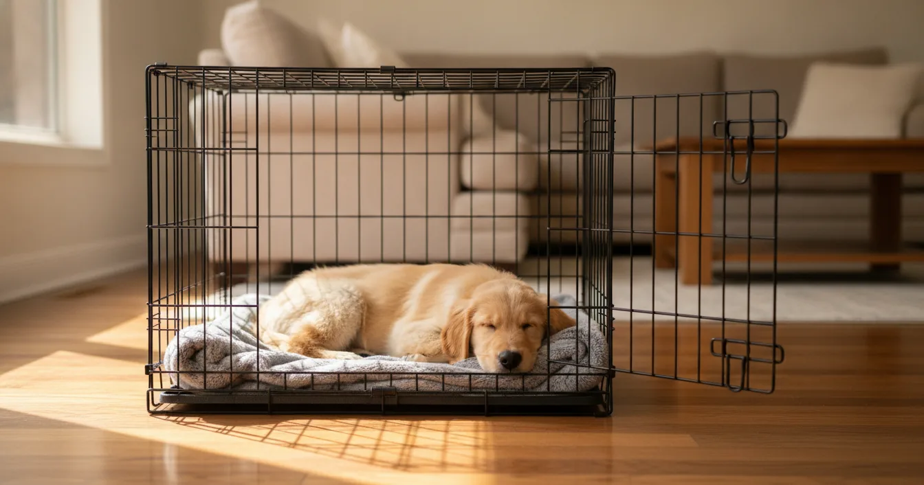 A golden retriever puppy asleep on a grey blanket inside a wire crate with the door swung fully open, in a sunlit living room.