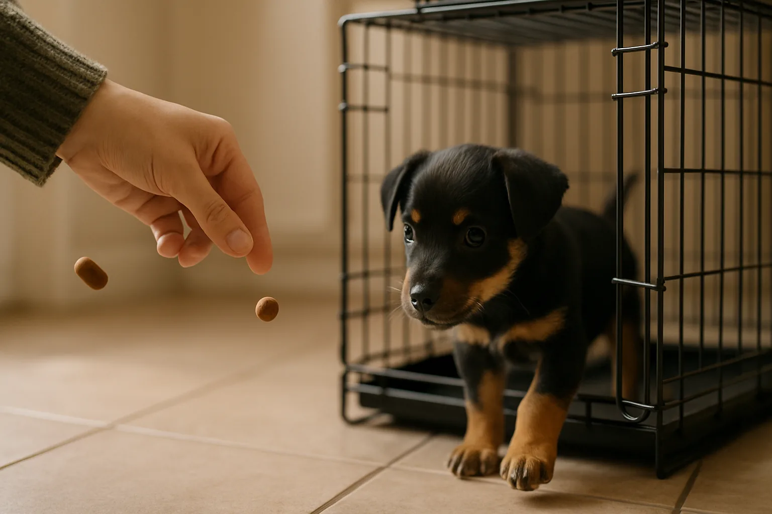 A person's hand dropping small training treats on the floor beside an open wire crate while a black and tan puppy steps out to investigate.