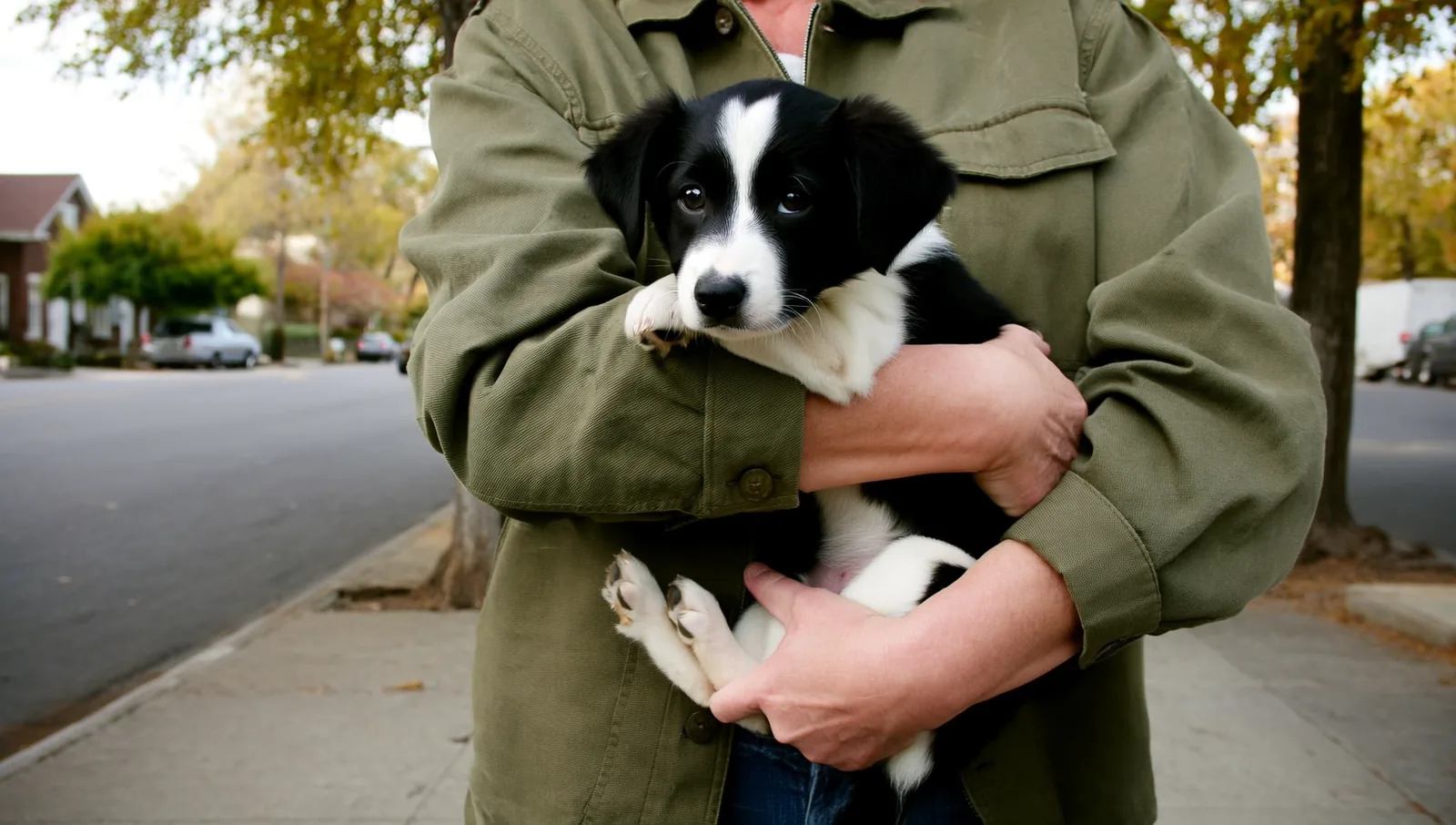 Black and white puppy held in arms on a sidewalk