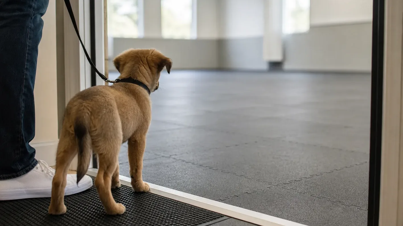 Puppy on a leash at a training room doorway