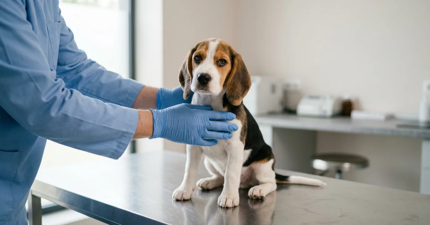 Gloved hands steadying a beagle puppy on an exam table