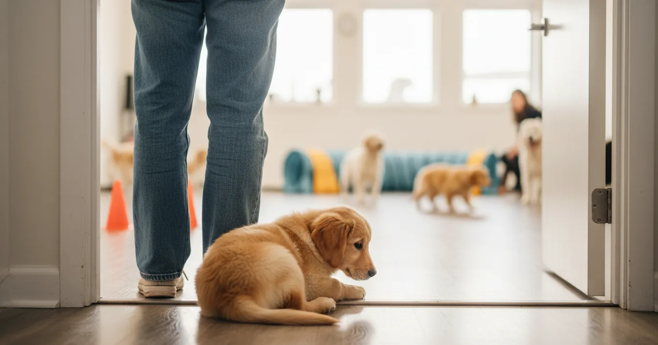 A small puppy peeking out from behind a person's leg, hesitant to engage with a new environment.