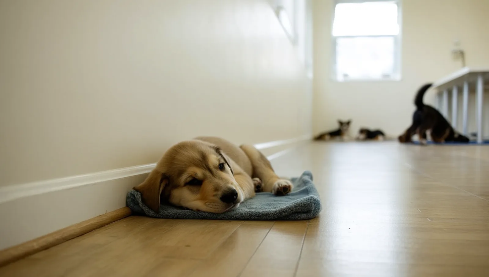 A young puppy resting calmly on a small blanket in the corner of a bright dog training room with other dogs blurred in the background