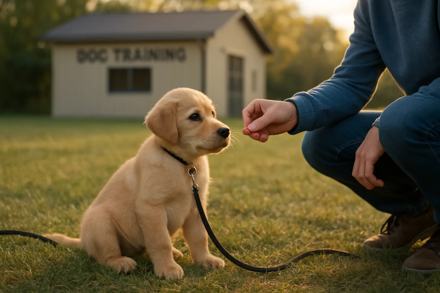 Owner kneeling beside a calm puppy on a long line at a relaxed distance from a training building, offering a small treat