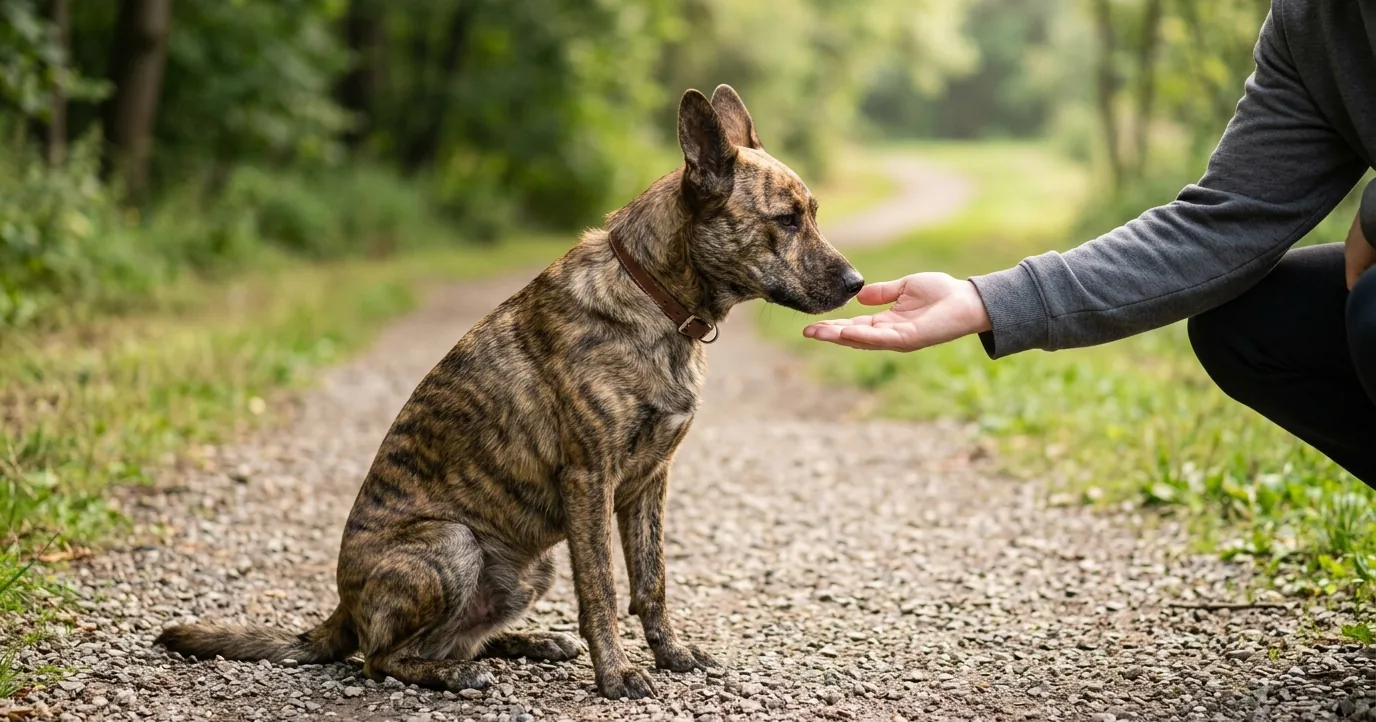 Brindle dog sniffing a stranger's open hand