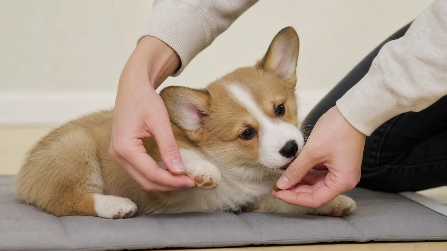 Hands holding a corgi puppy's paw on a mat