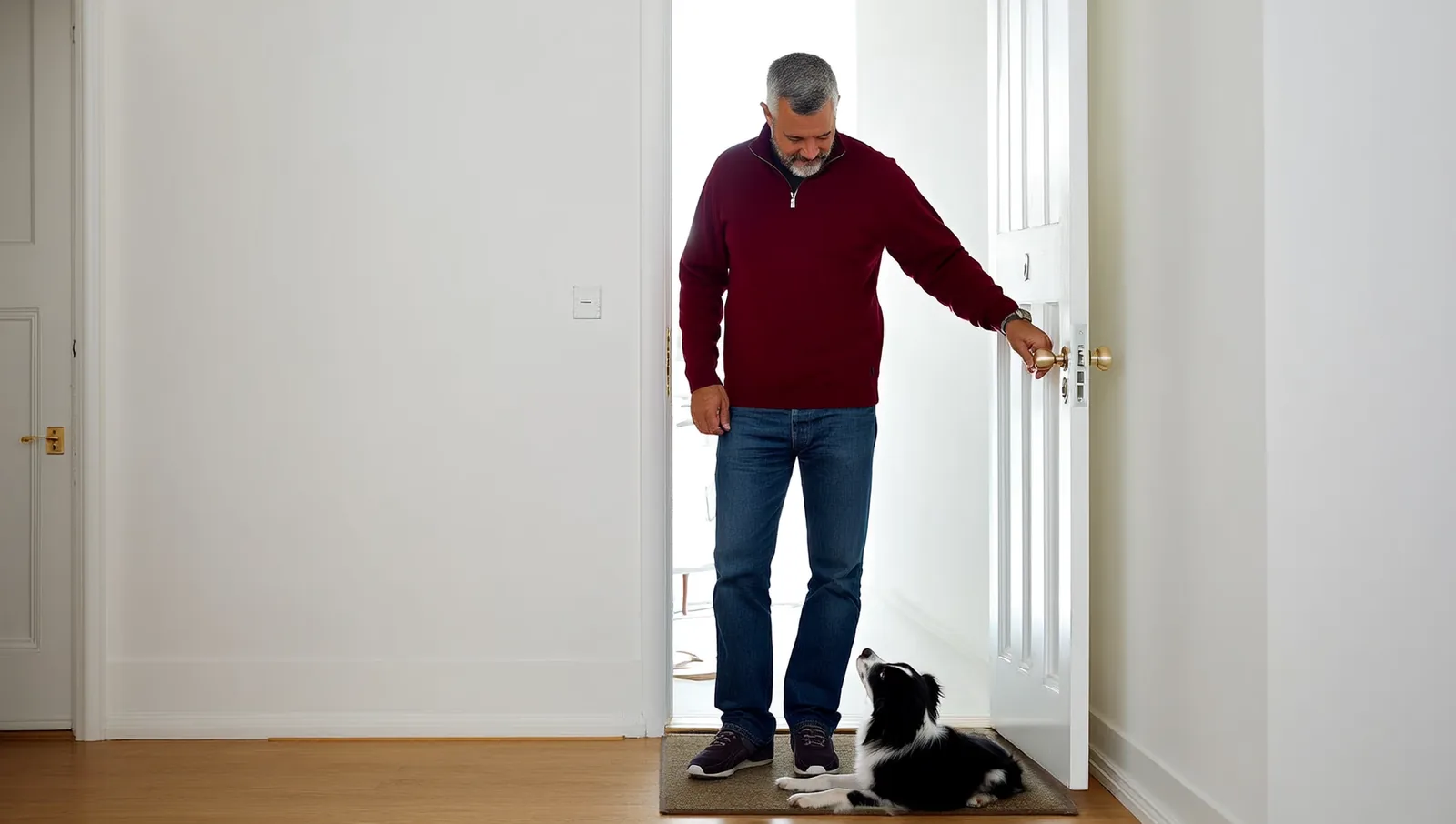 A man in a burgundy sweater resting one hand on the knob of a partly open front door while a black and white border collie puppy waits on the doormat looking up at him
