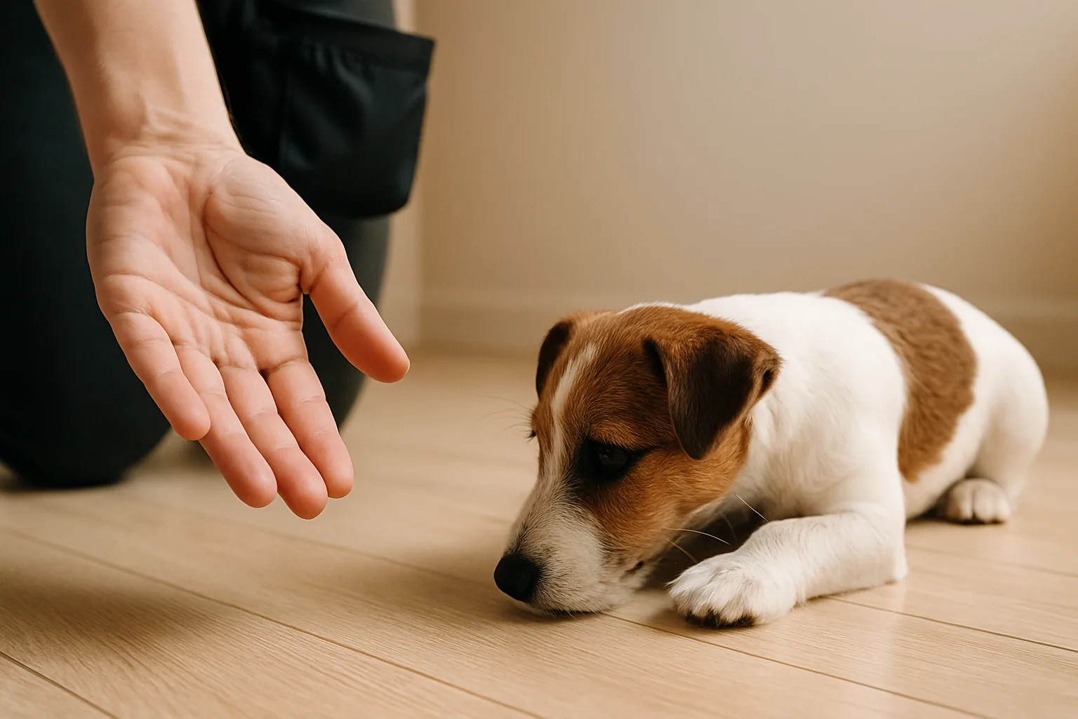 A person's empty open hand held just above a pale wooden floor while a brown and white terrier puppy folds into a down position in front of it