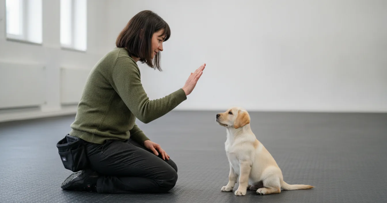 A woman in an olive sweater kneeling on a training-hall floor giving a flat open-palm hand signal to a yellow labrador puppy sitting attentively in front of her, with no food in her hand and a treat pouch clipped behind her hip.