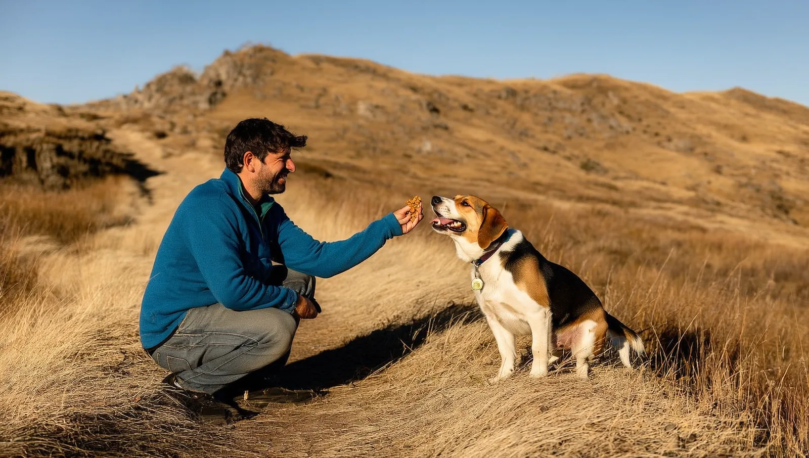 An owner crouched on a dry grassland trail rewarding an excited puppy with a handful of treats after calling it back