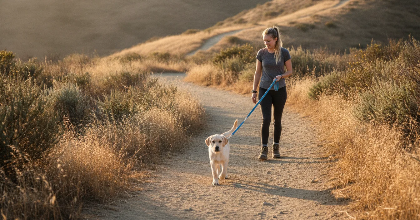 A young Labrador puppy on a leash walking beside its owner along a sunny, dry golden-grass trail in the California hills.