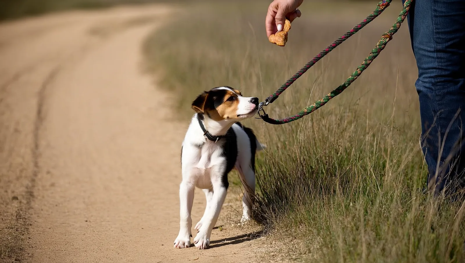 A puppy on a loose leash turning away from the grassy trail edge to look up at its owner offering a treat
