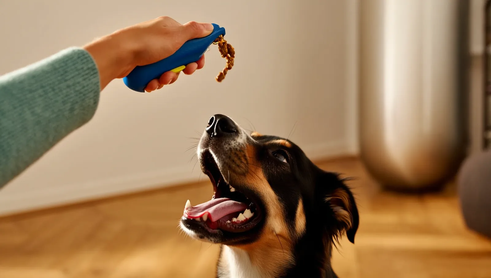 A hand holding a clicker and training treats while an eager puppy looks up, ready to be rewarded