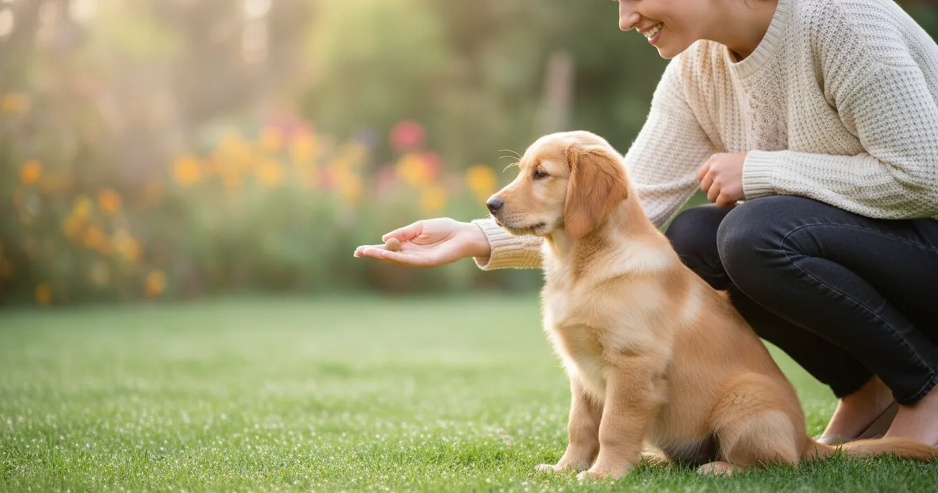 A puppy sitting attentively beside a trainer who is offering a food reward during a positive reinforcement session.