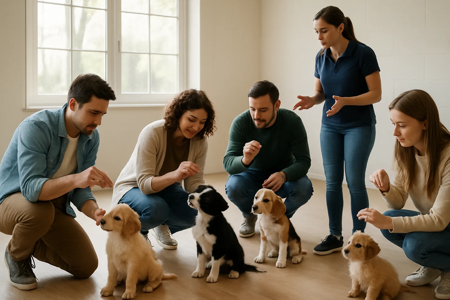 A small group of puppies and their owners working with treats in a bright indoor puppy training class