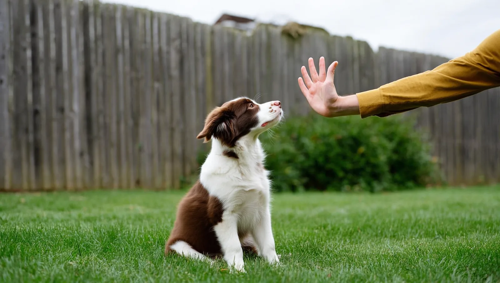 Border collie puppy on a lawn facing an open hand signal