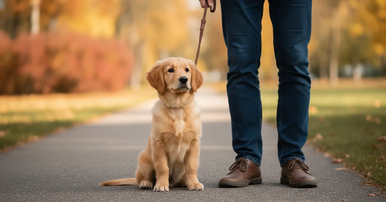 Golden retriever puppy sitting on a park path beside a person's legs