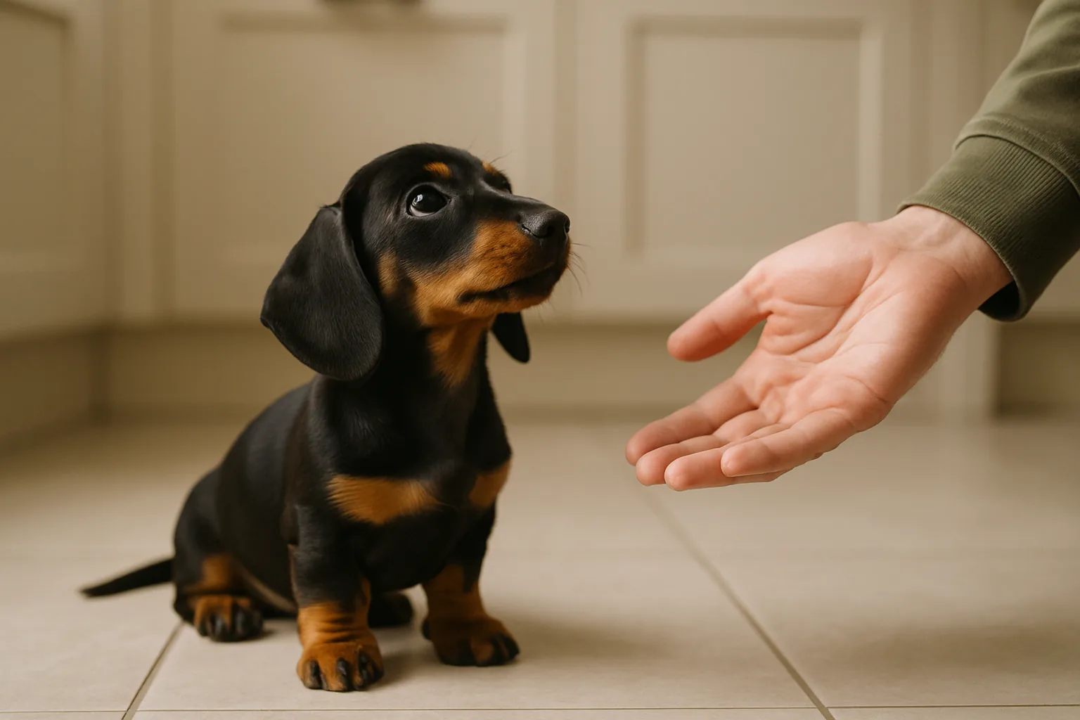 Dachshund puppy sitting on a kitchen floor facing an open hand