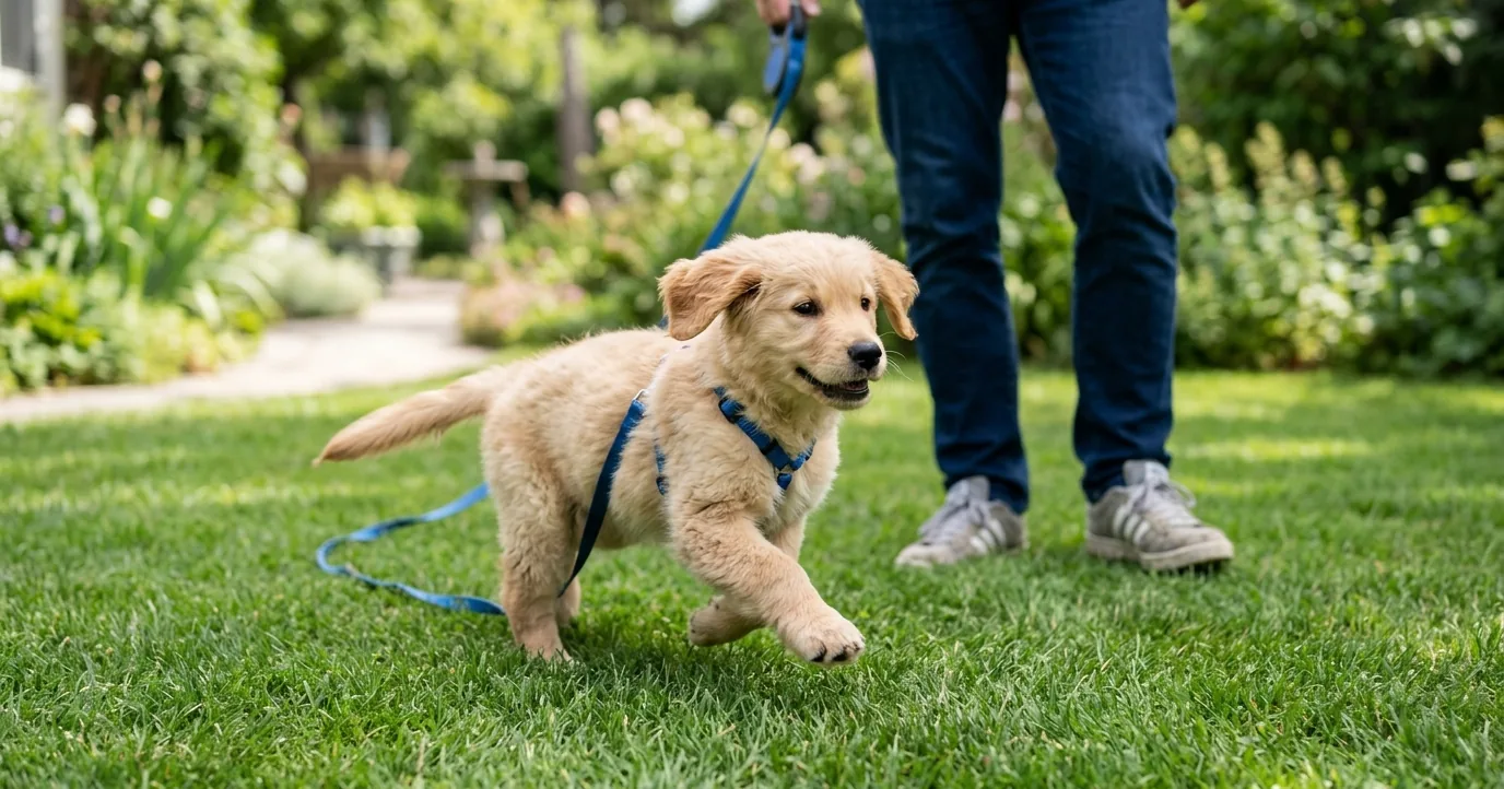 A golden retriever puppy trotting on grass on a loose leash