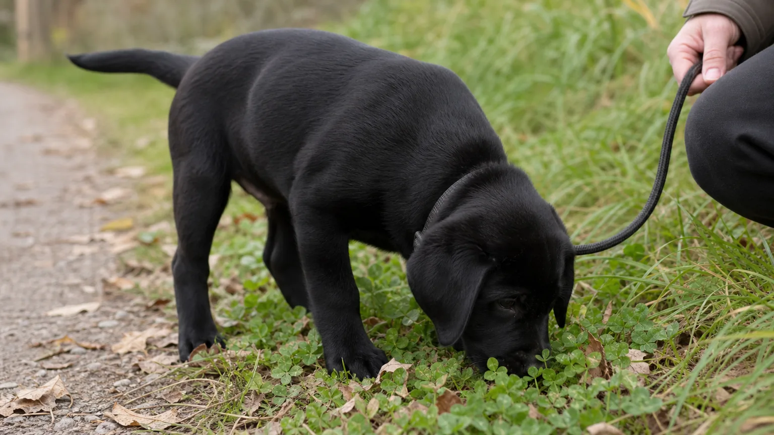 A black labrador puppy sniffing clover beside a path