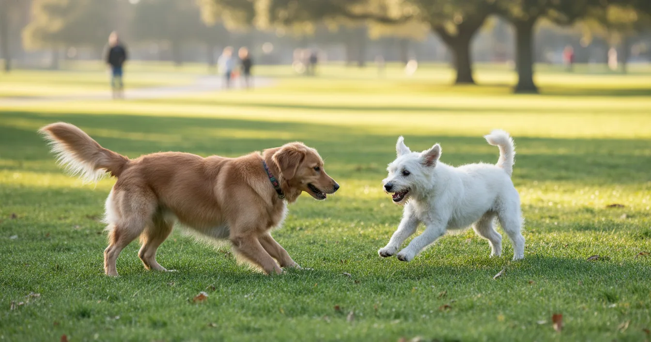 Two young dogs playing on grass in a sunny park, one in a play bow with front legs down and rear raised high.