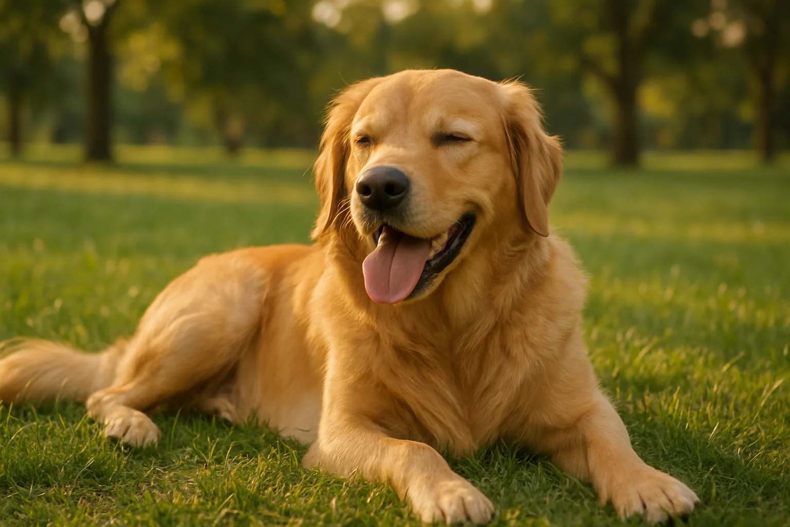A relaxed dog lying on grass with soft squinting eyes and a loose, open mouth, an example of comfortable body language