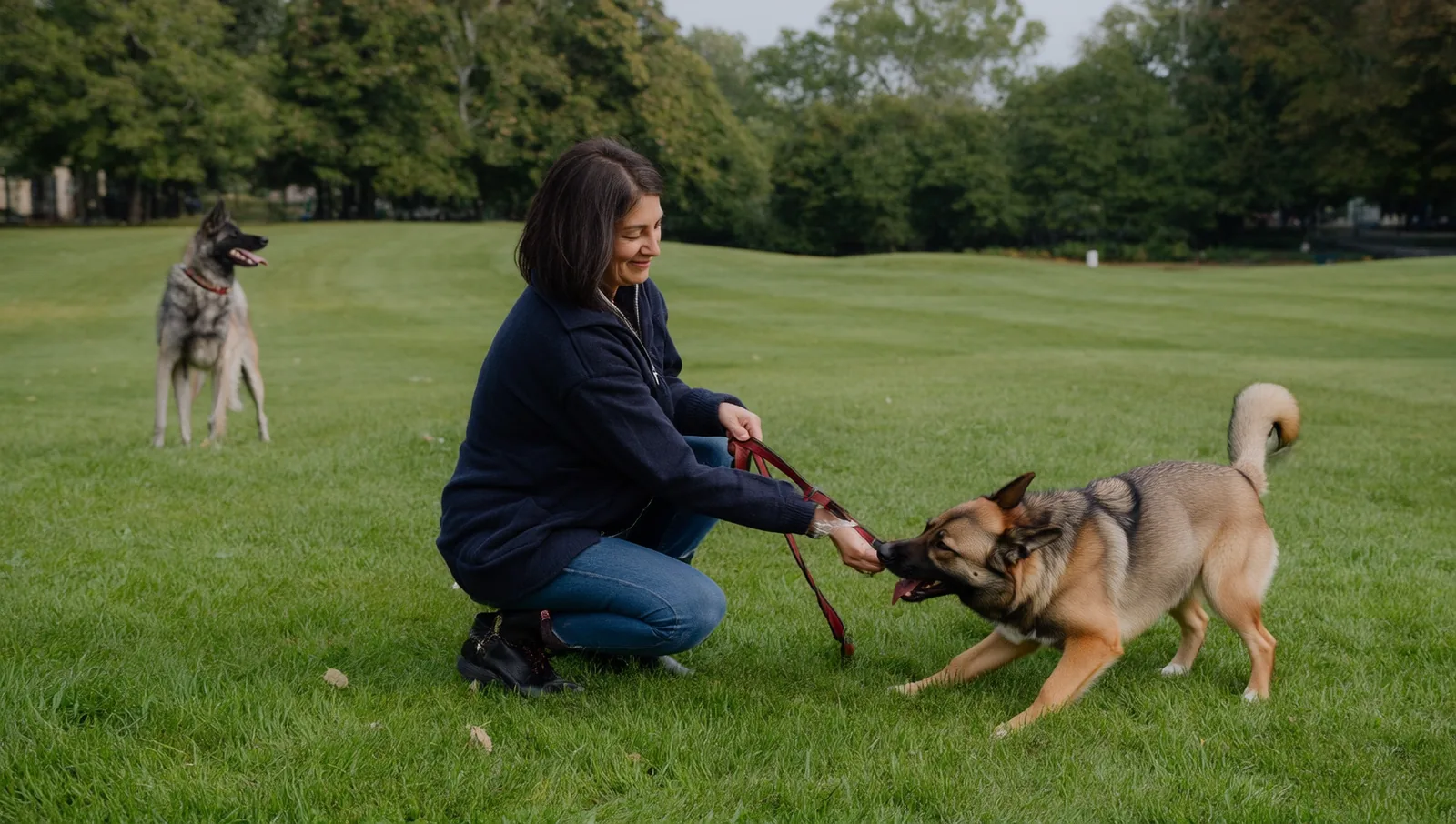 An owner crouched on the grass at a park gently holding one dog by the collar to pause play while a second dog waits a few feet away