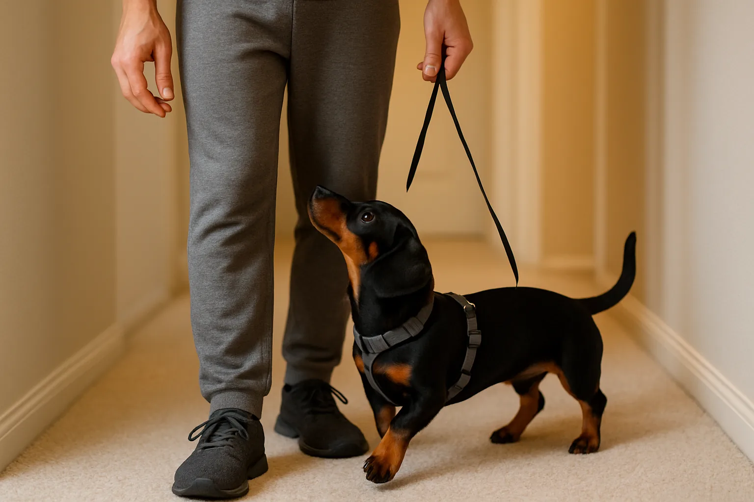 A man in grey joggers stepping down a carpeted hallway while a black and tan dachshund puppy in a grey harness walks beside his leg on a slack leash