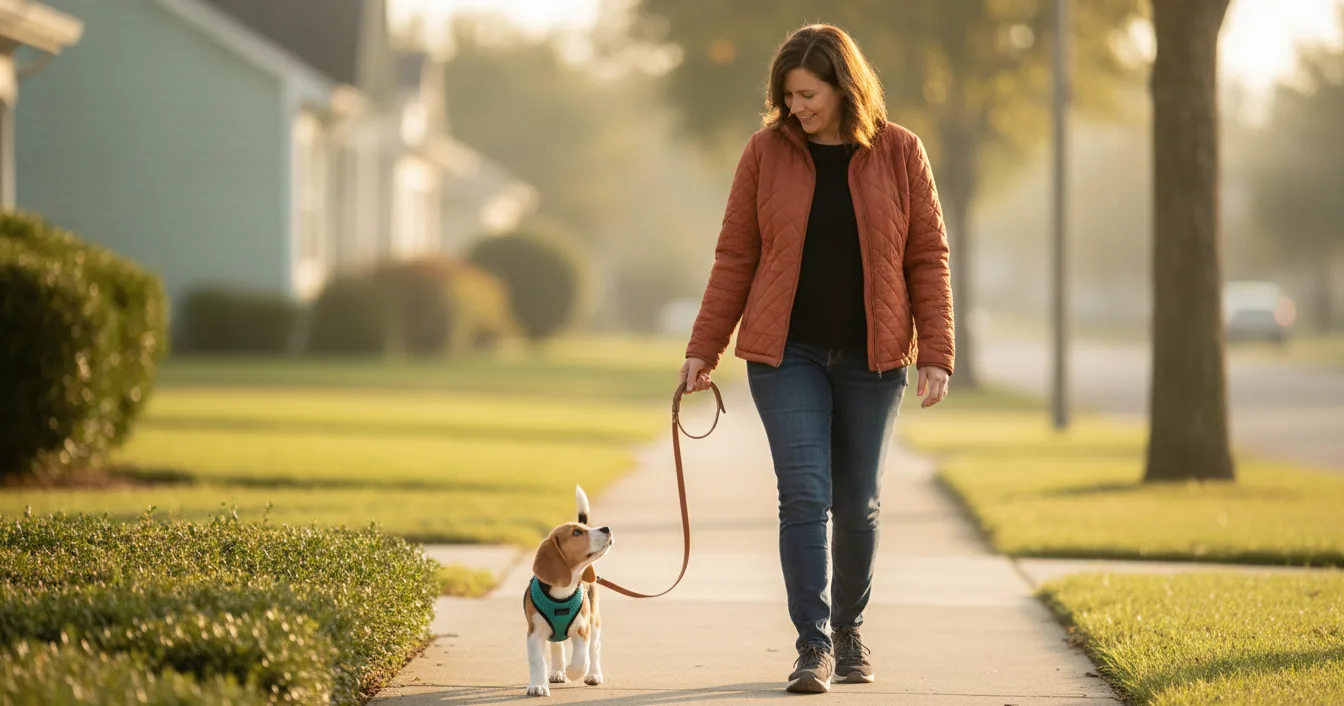 A woman in a rust quilted jacket walking a beagle puppy in a teal harness along a sunlit suburban pavement, the leash hanging in a loose slack curve between them.