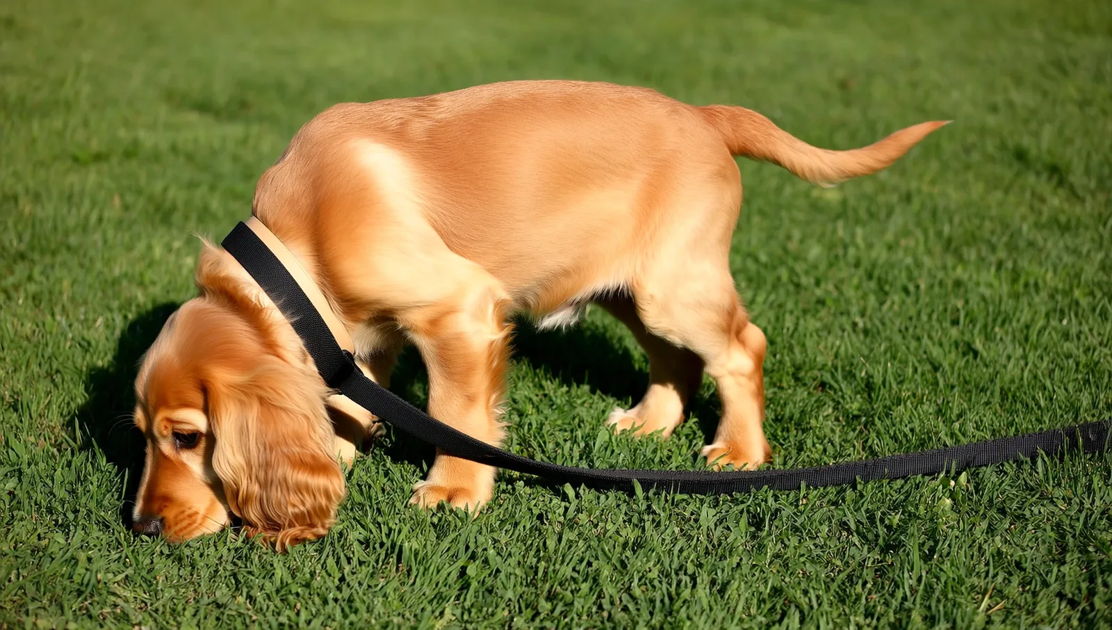 A golden cocker spaniel puppy with its nose down in short grass, a plain black leash lying slack across the lawn behind it