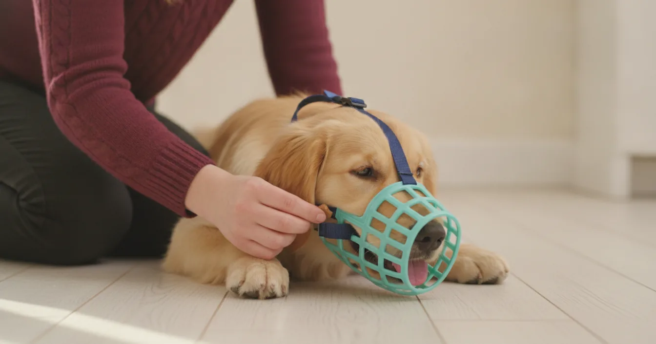 A golden retriever puppy lying calmly on a pale wooden floor wearing a teal plastic basket muzzle with navy head straps, while a woman in a burgundy sweater posts a small treat through the front of the basket.