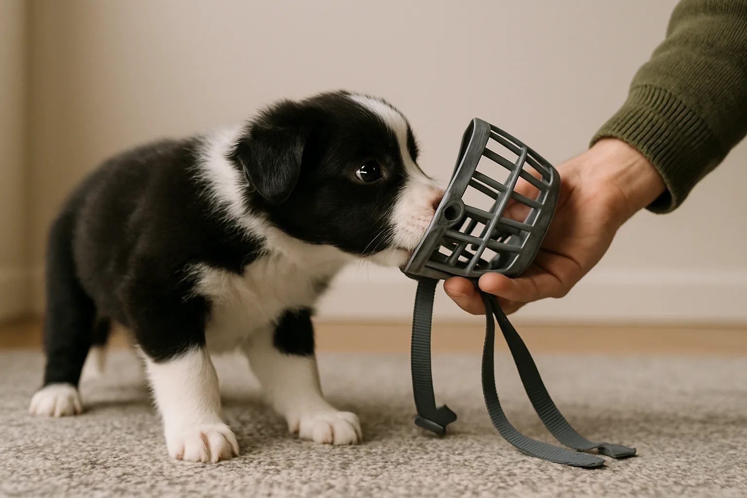 A black and white border collie puppy on a carpet pushing its nose into the open front of a grey plastic basket muzzle held at floor level by a person's hand, with the head straps hanging loose and unbuckled
