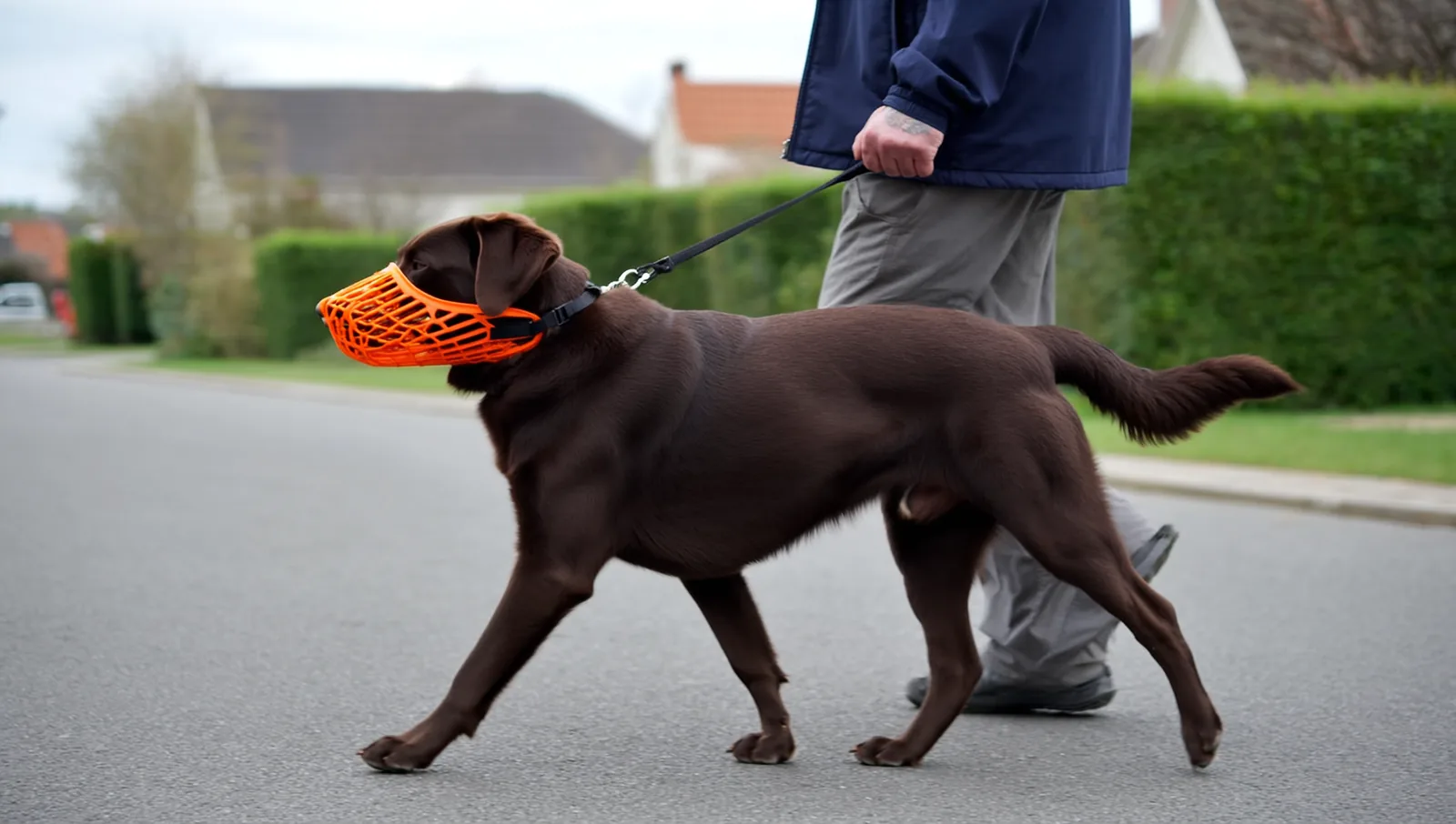 A chocolate labrador walking on a loose leash across a quiet residential street wearing a bright orange plastic basket muzzle, alongside a man in a navy jacket and grey trousers